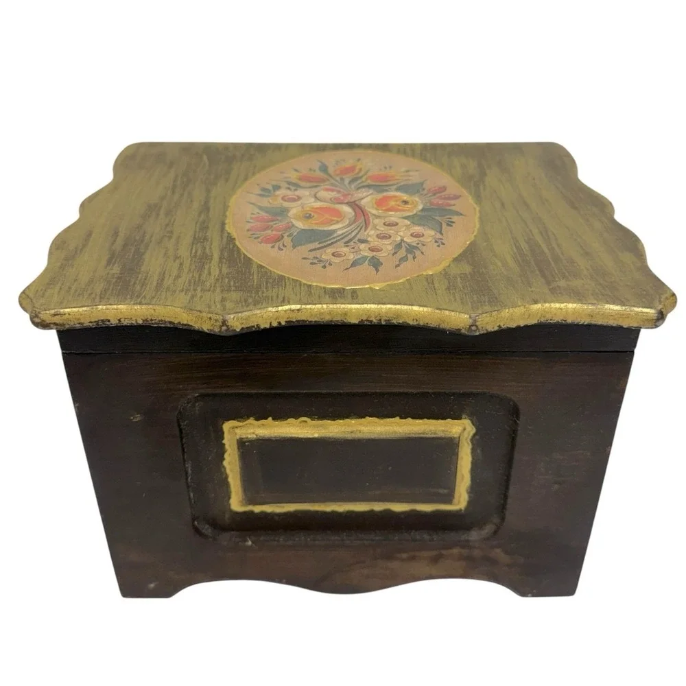Vintage Handpainted Wooden Jewelry Box Hinged Lid Floral w/Bird Embossed 6.25